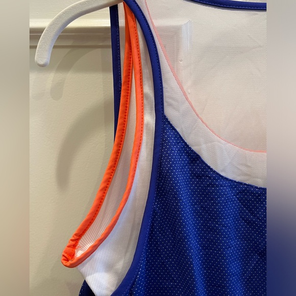 Lucky in Love ladies athletic tank top. Royal blue & white w orange detailing. - Picture 5 of 11